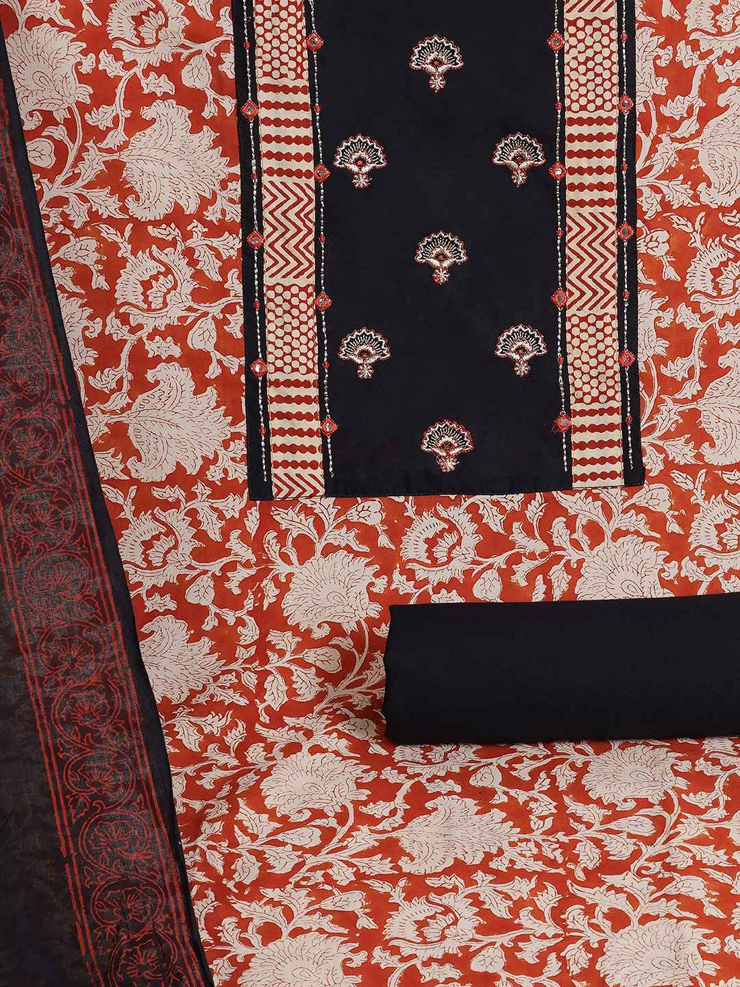 Bagru Floral Printed Dress Material with Embroidered Yoke.(Black)
