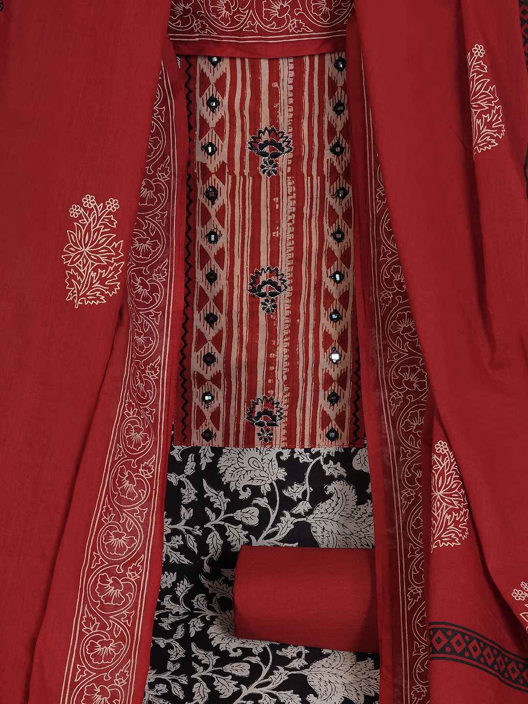 Bagru Floral Printed Dress Material with Mirror Work Yoke.(Black)