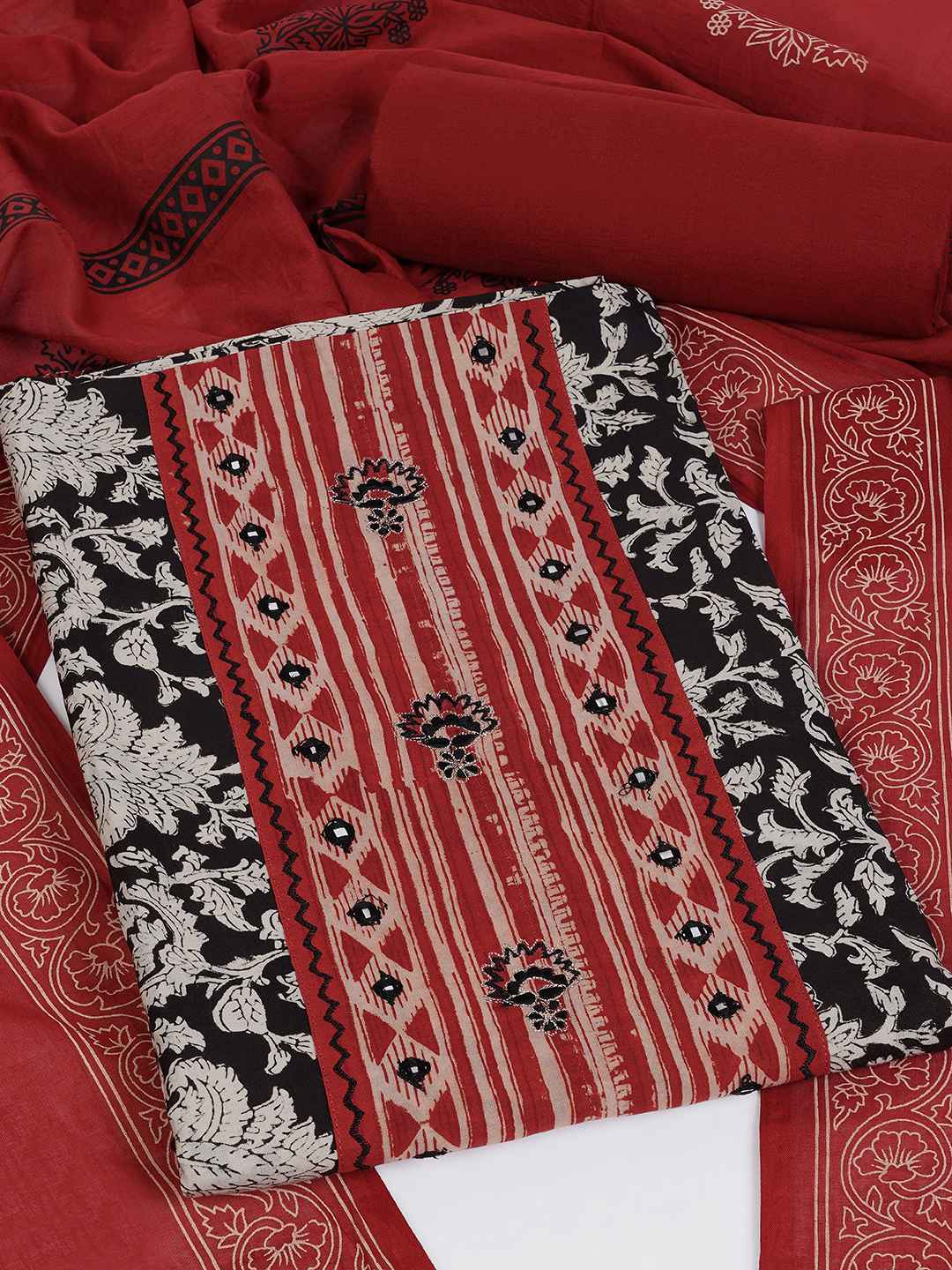 Bagru Floral Printed Dress Material with Mirror Work Yoke.(Black)