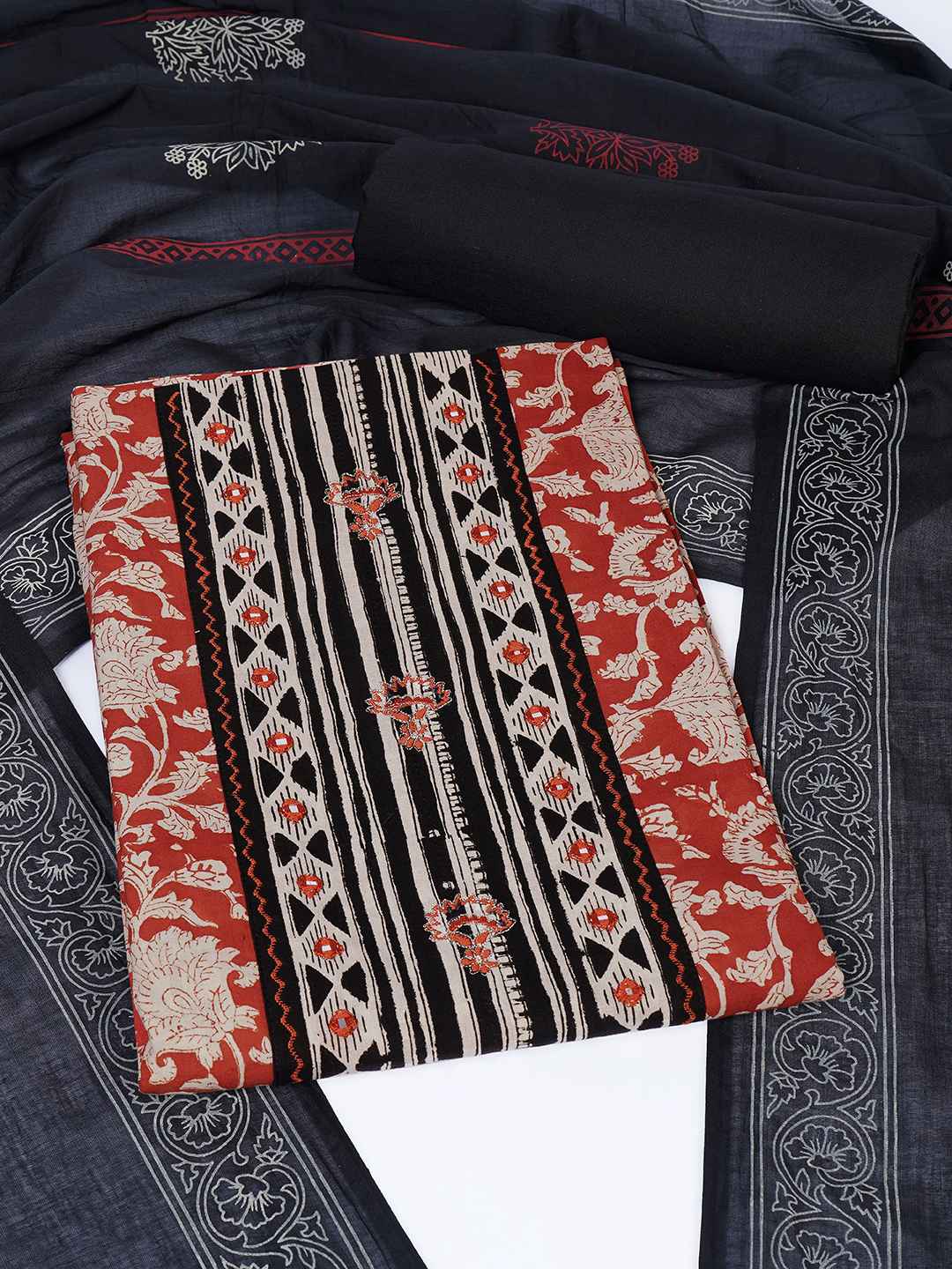 Bagru Floral Printed Dress Material with Mirror Work Yoke.(Rust)