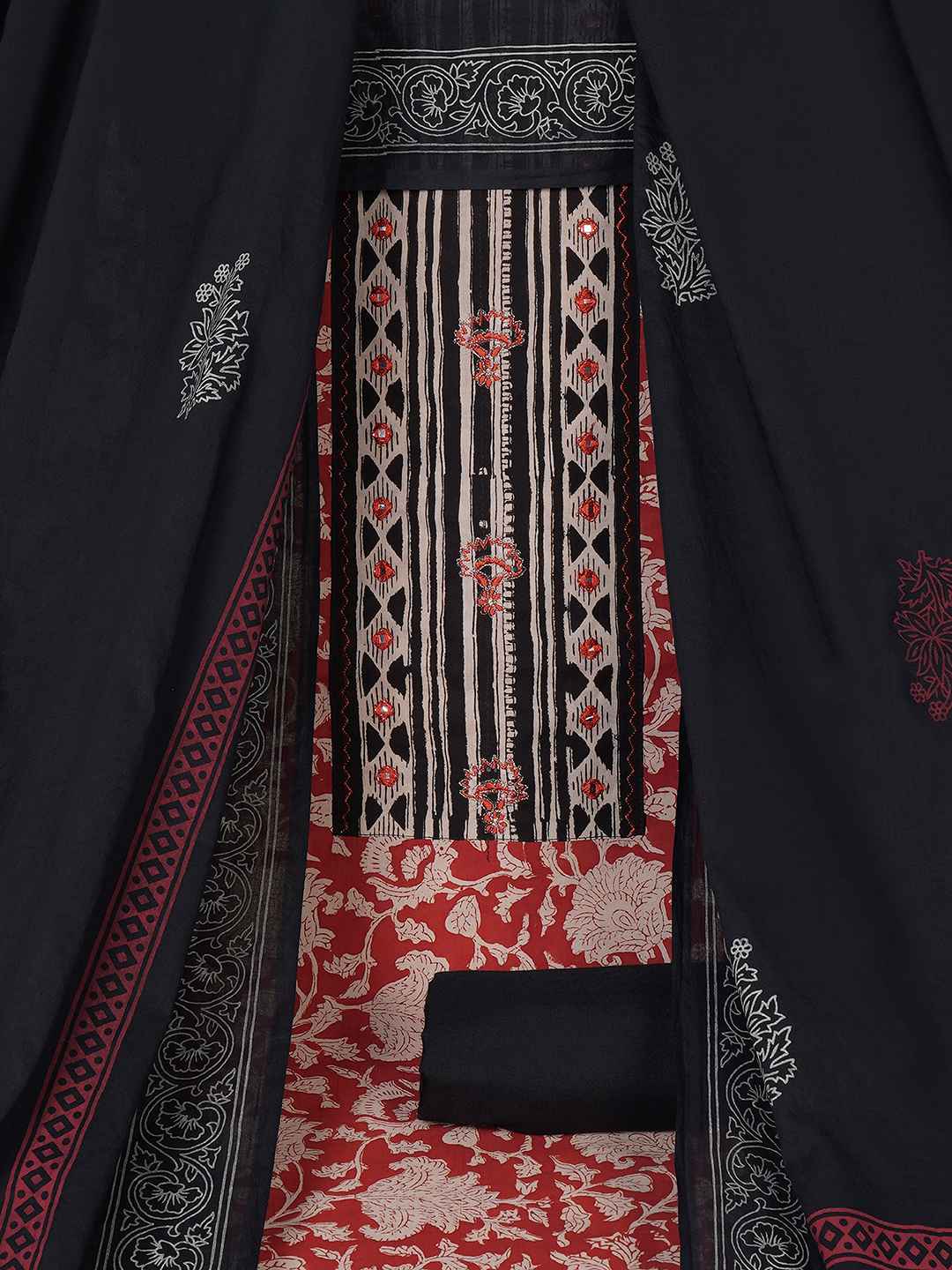 Bagru Floral Printed Dress Material with Mirror Work Yoke.(Rust)