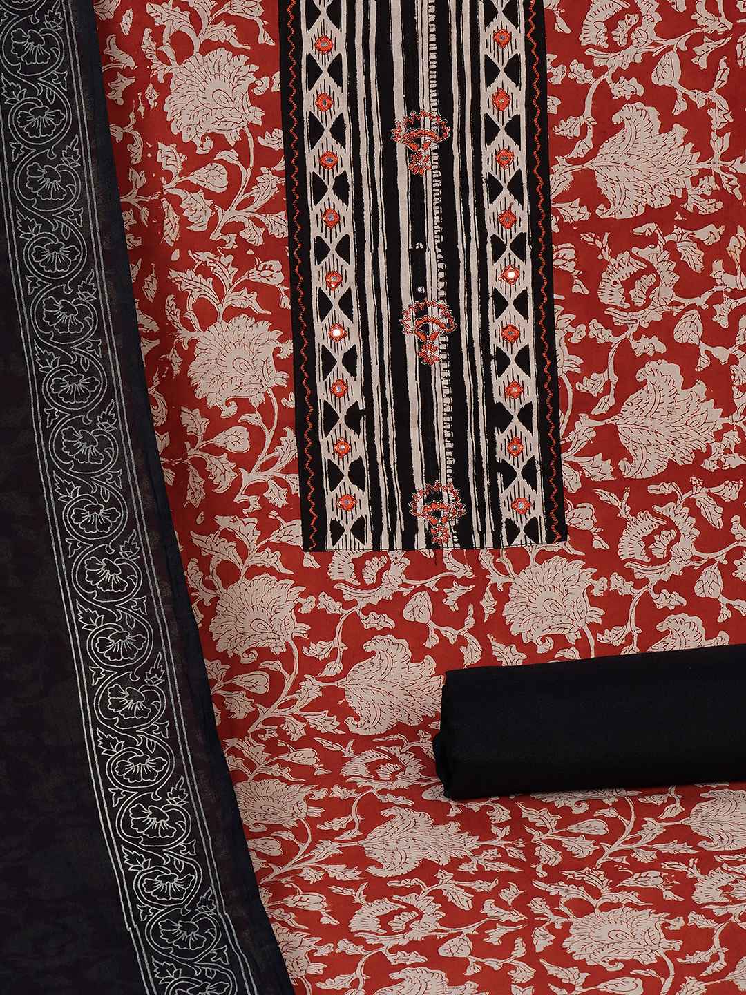 Bagru Floral Printed Dress Material with Mirror Work Yoke.(Rust)