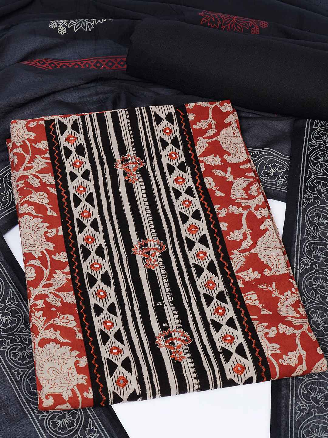 Bagru Floral Printed Dress Material with Mirror Work Yoke.(Rust)