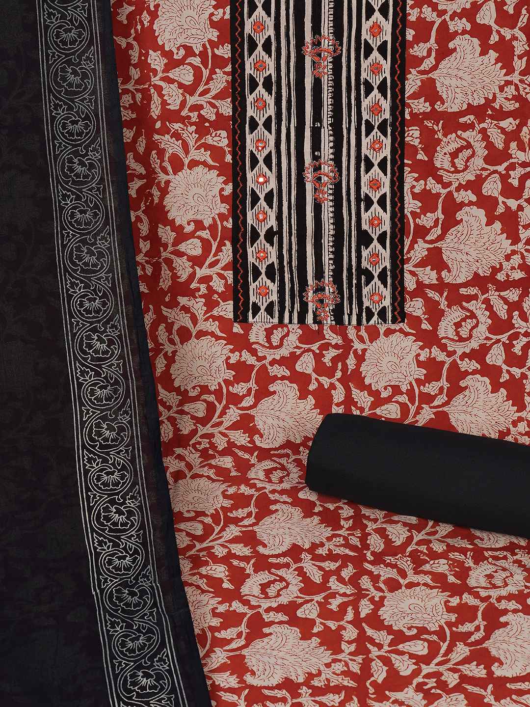 Bagru Floral Printed Dress Material with Mirror Work Yoke.(Rust)