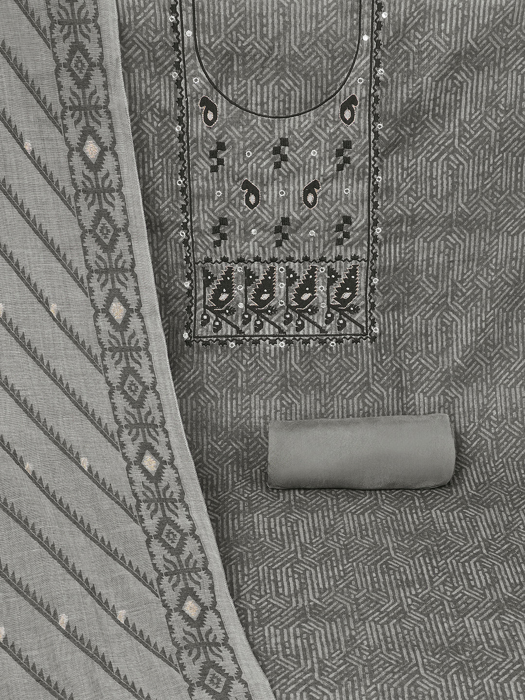 Elegant unstitched dress material in premium Chanderi fabric with ethnic motifs and handwork accents.