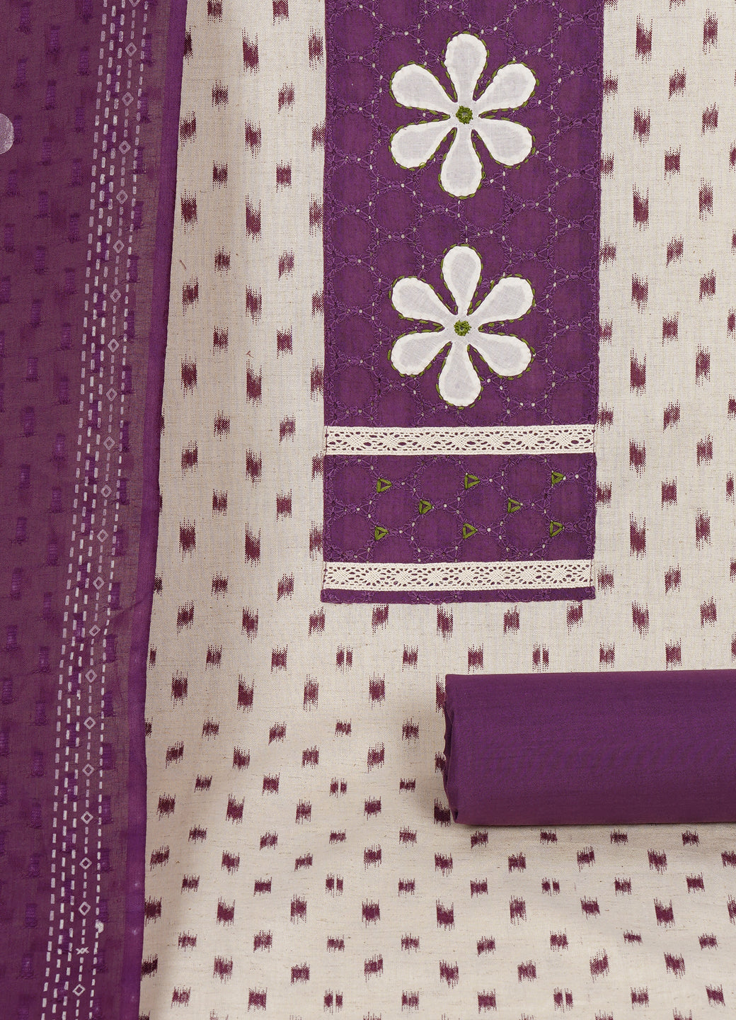 Cotton Printed Ready-to-Stitch Suit Set with Schiffli Yoke, Lace Work & Block Print Dupatta Material.(Purple)