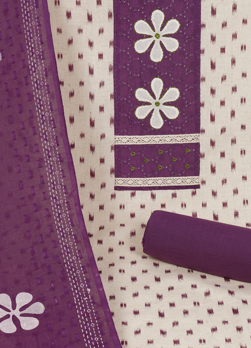 Cotton Printed Ready-to-Stitch Suit Set with Schiffli Yoke, Lace Work & Block Print Dupatta Material.(Purple)
