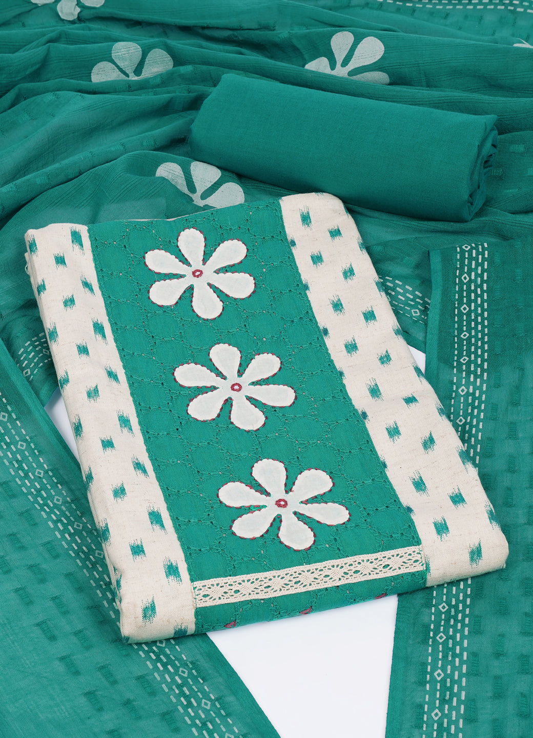 Cotton Printed Ready-to-Stitch Suit Set with Schiffli Yoke, Lace Work & Block Print Dupatta Material.(Green)