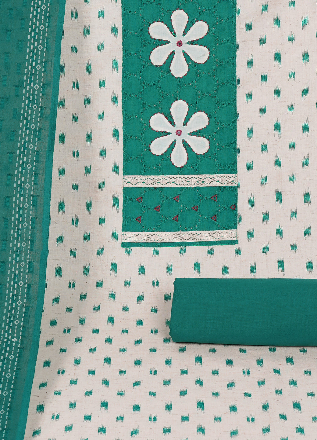 Cotton Printed Ready-to-Stitch Suit Set with Schiffli Yoke, Lace Work & Block Print Dupatta Material.(Green)