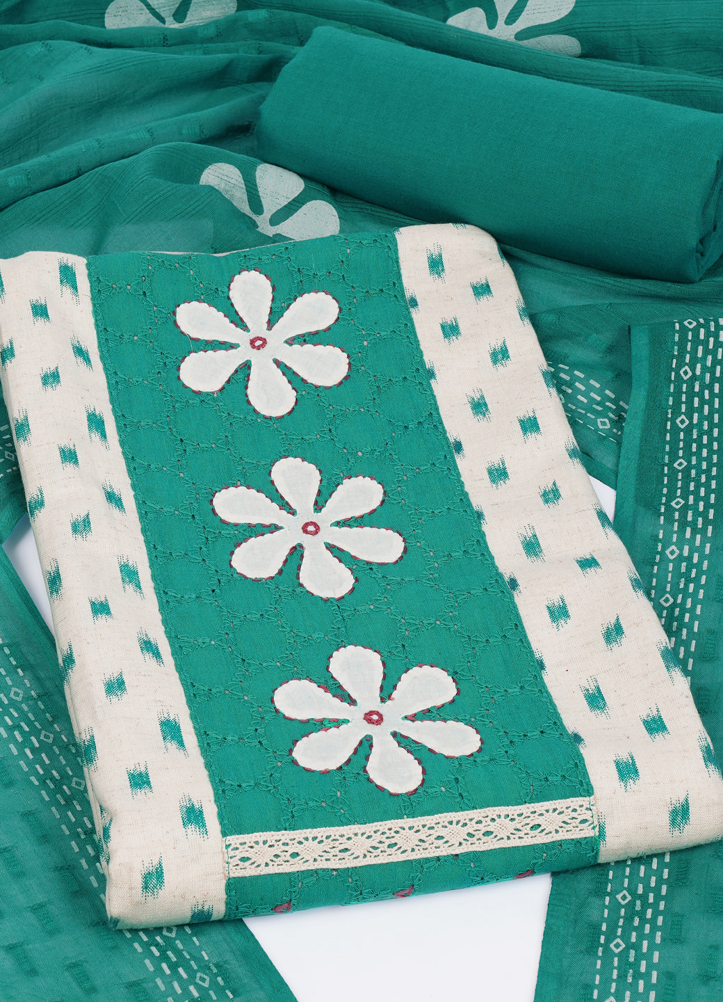 Cotton Printed Ready-to-Stitch Suit Set with Schiffli Yoke, Lace Work & Block Print Dupatta Material.(Green)