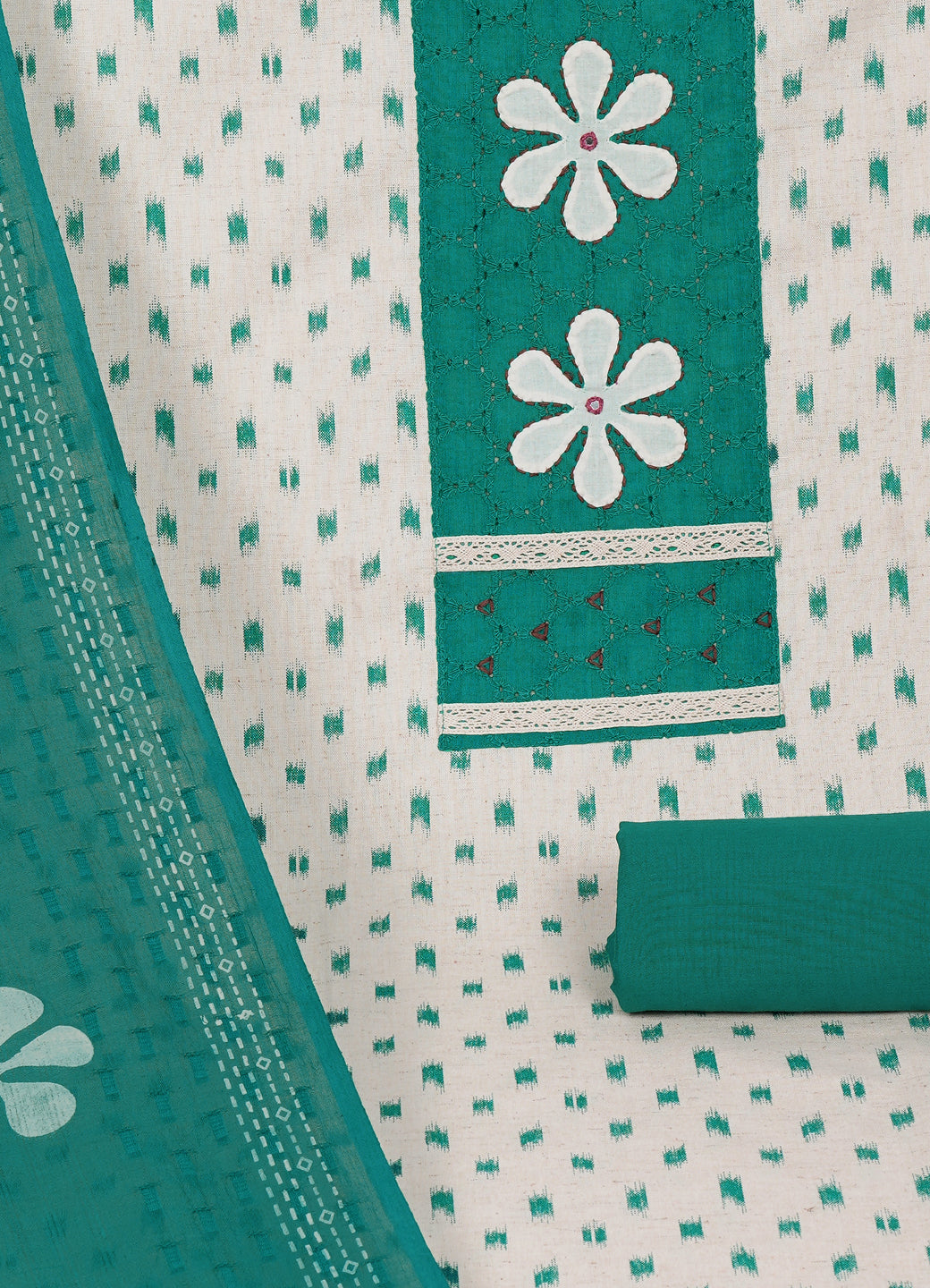 Cotton Printed Ready-to-Stitch Suit Set with Schiffli Yoke, Lace Work & Block Print Dupatta Material.(Green)