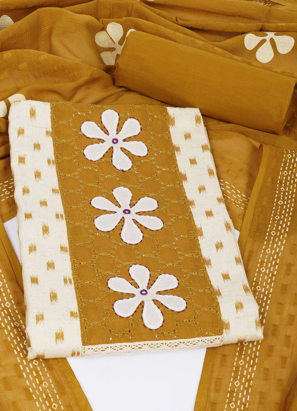 Cotton Printed Ready-to-Stitch Suit Set with Schiffli Yoke, Lace Work & Block Print Dupatta Material.(Mustard)