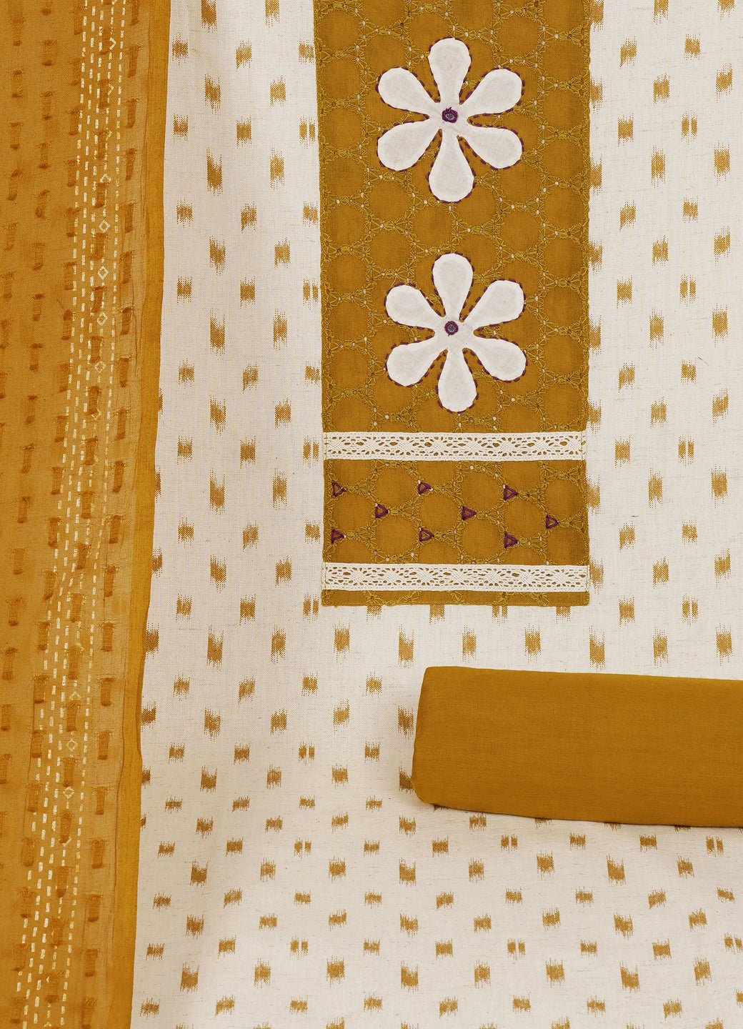 Cotton Printed Ready-to-Stitch Suit Set with Schiffli Yoke, Lace Work & Block Print Dupatta Material.(Mustard)