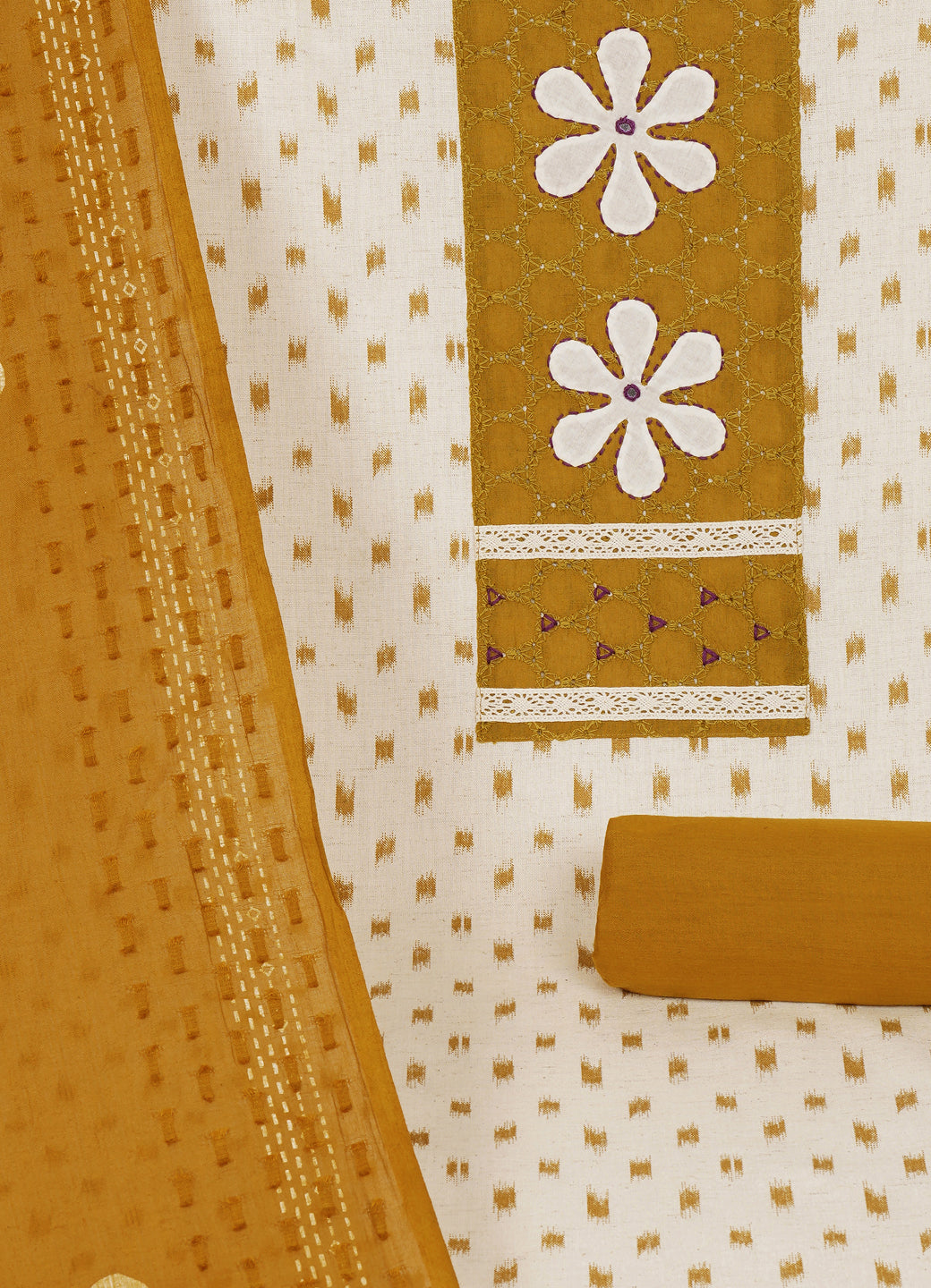 Cotton Printed Ready-to-Stitch Suit Set with Schiffli Yoke, Lace Work & Block Print Dupatta Material.(Mustard)