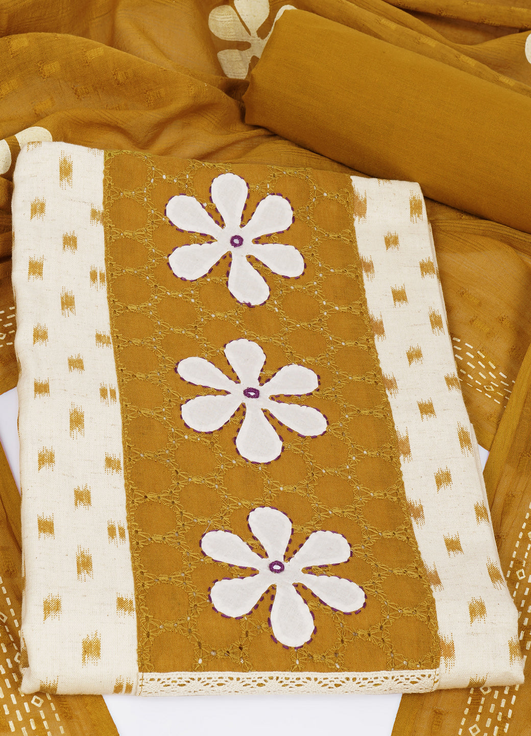 Cotton Printed Ready-to-Stitch Suit Set with Schiffli Yoke, Lace Work & Block Print Dupatta Material.(Mustard)