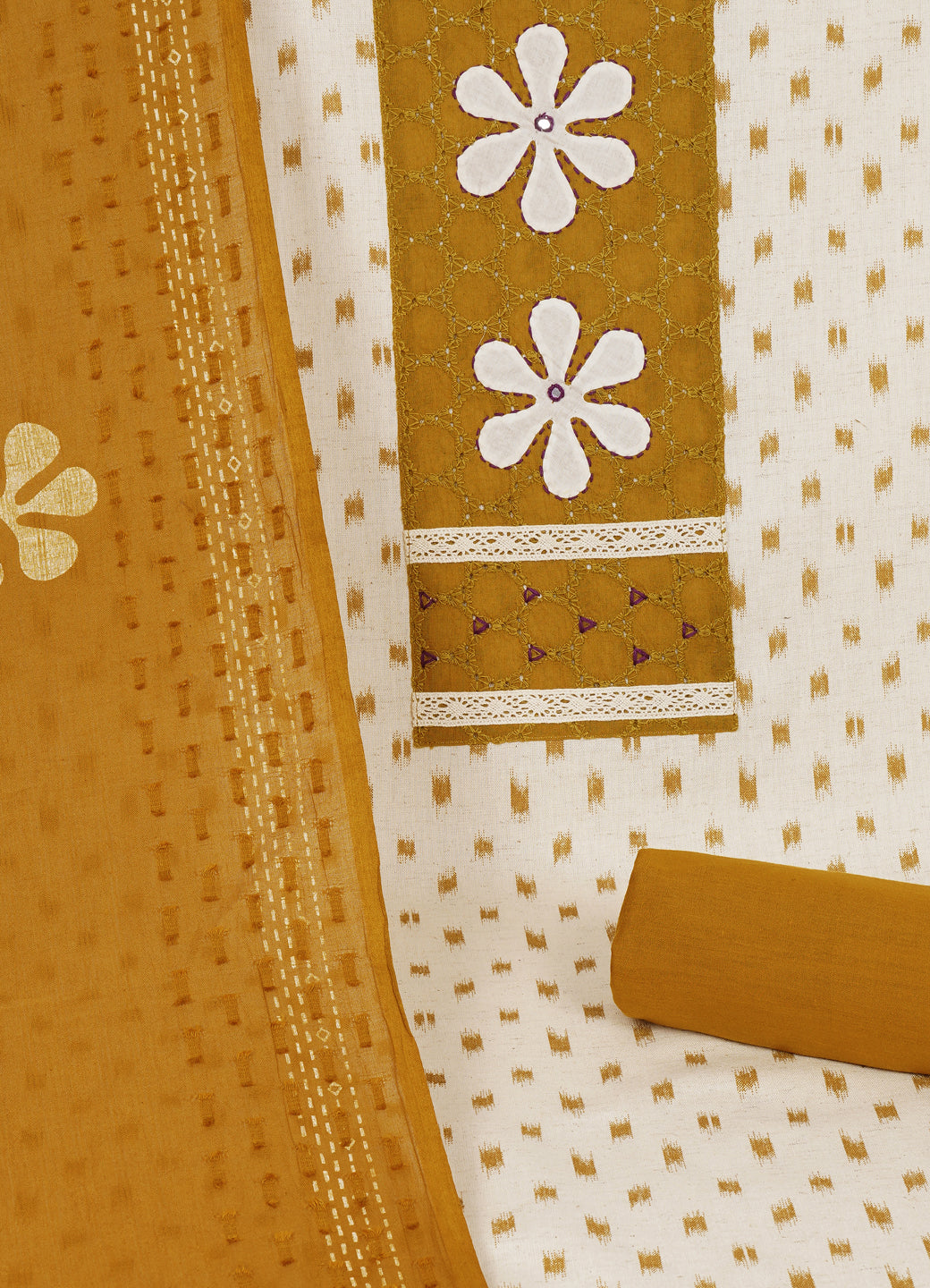 Cotton Printed Ready-to-Stitch Suit Set with Schiffli Yoke, Lace Work & Block Print Dupatta Material.(Mustard)