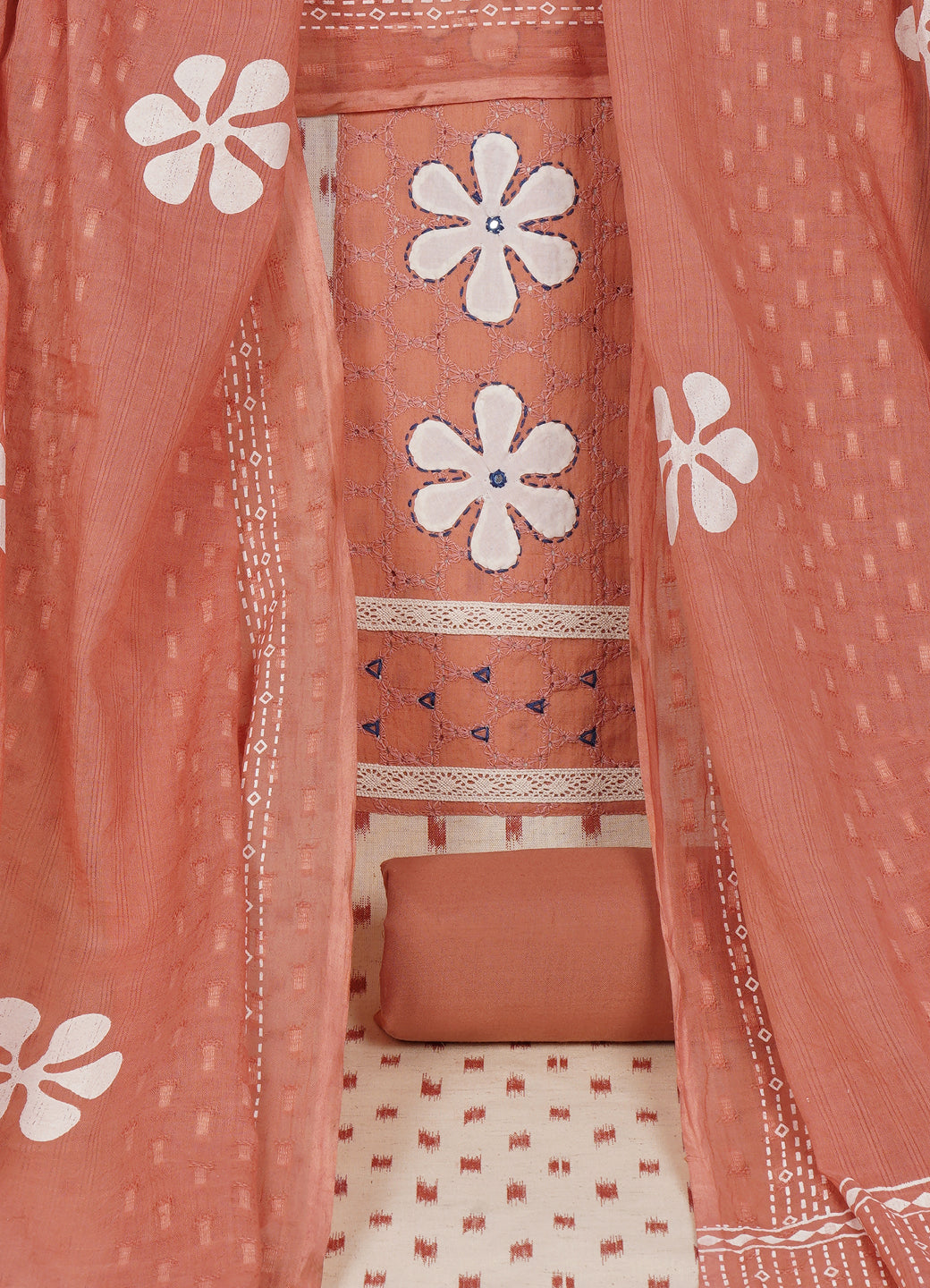 Cotton Printed Ready-to-Stitch Suit Set with Schiffli Yoke, Lace Work & Block Print Dupatta Material.(Peach)