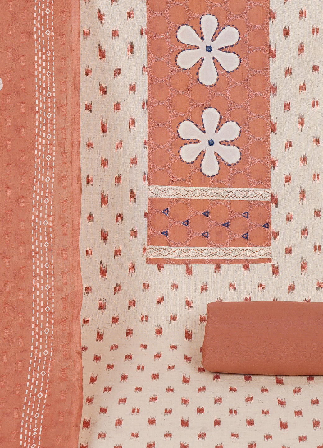 Cotton Printed Ready-to-Stitch Suit Set with Schiffli Yoke, Lace Work & Block Print Dupatta Material.(Peach)