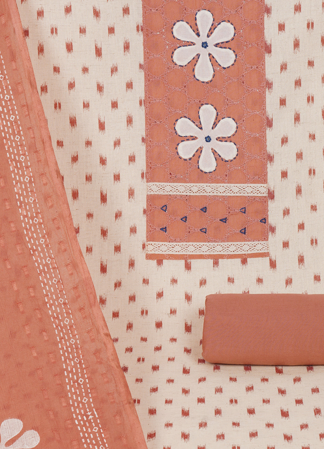 Cotton Printed Ready-to-Stitch Suit Set with Schiffli Yoke, Lace Work & Block Print Dupatta Material.(Peach)
