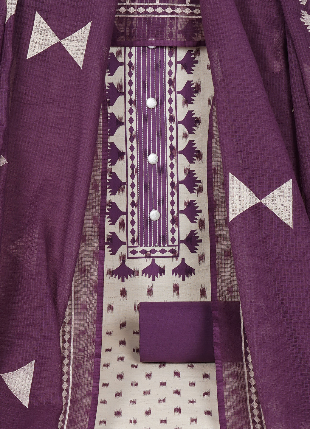Printed Cotton Flex Unstitched Suit Set with Block Print Yoke & Hand Printed Dupatta Material.(Purple)