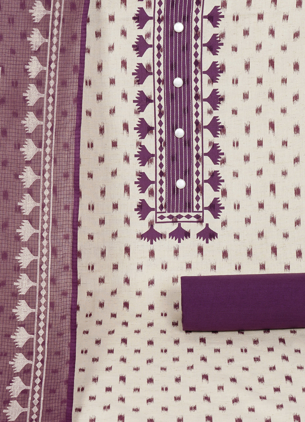 Printed Cotton Flex Unstitched Suit Set with Block Print Yoke & Hand Printed Dupatta Material.(Purple)