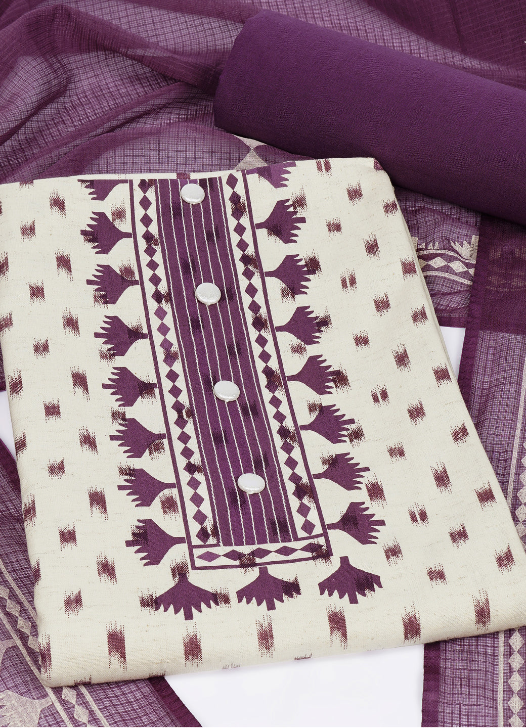 Printed Cotton Flex Unstitched Suit Set with Block Print Yoke & Hand Printed Dupatta Material.(Purple)