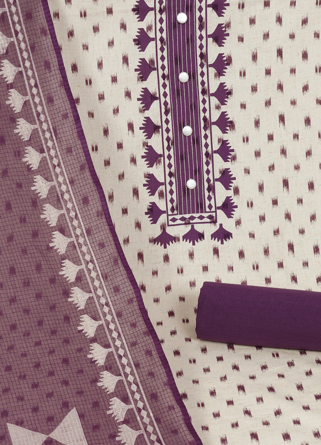 Printed Cotton Flex Unstitched Suit Set with Block Print Yoke & Hand Printed Dupatta Material.(Purple)