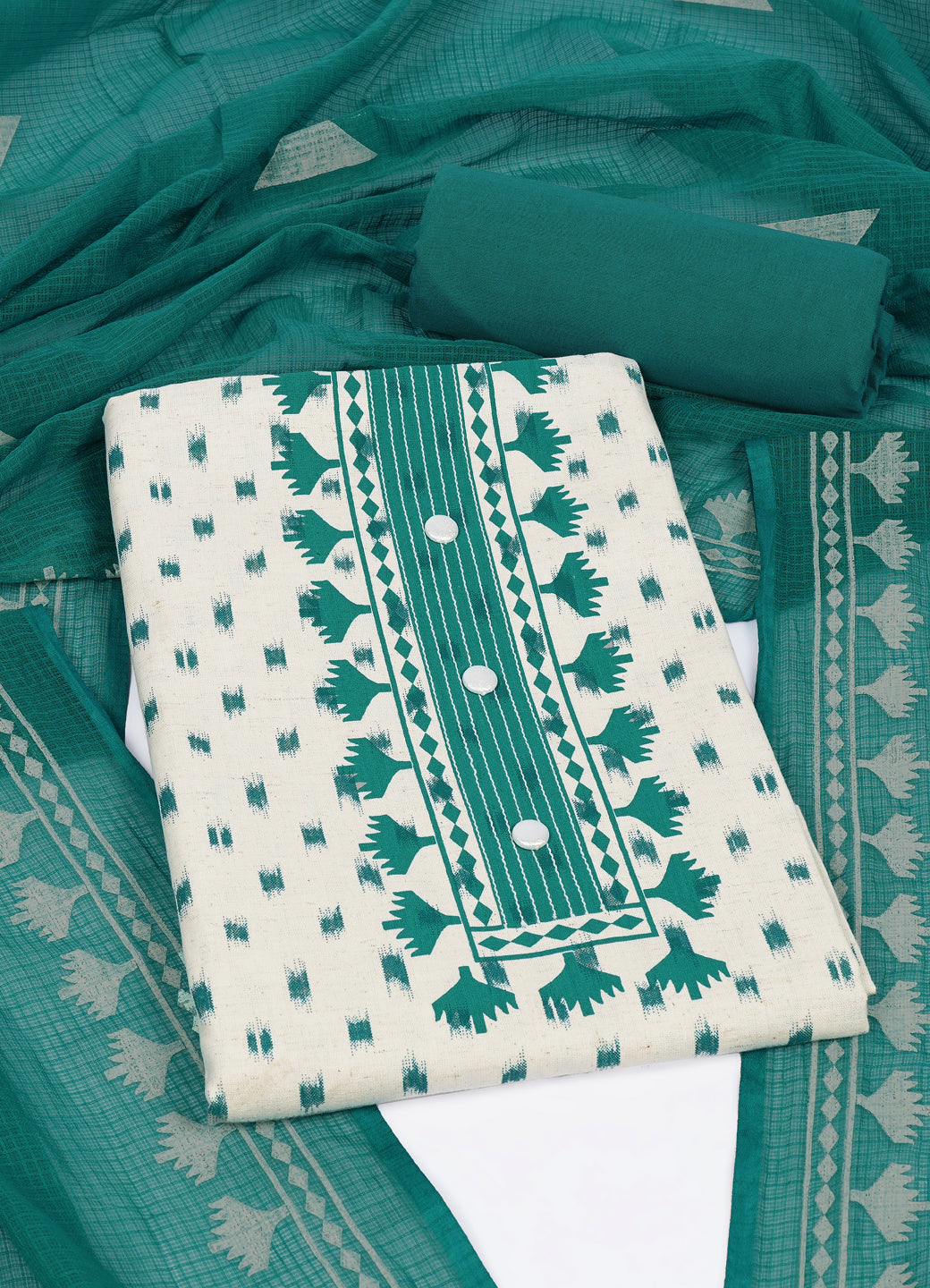 Printed Cotton Flex Unstitched Suit Set with Block Print Yoke & Hand Printed Dupatta Material.(Green)