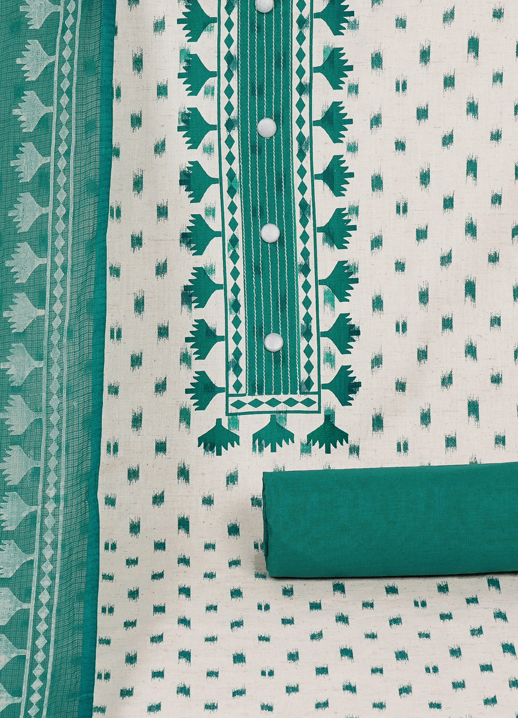 Printed Cotton Flex Unstitched Suit Set with Block Print Yoke & Hand Printed Dupatta Material.(Green)