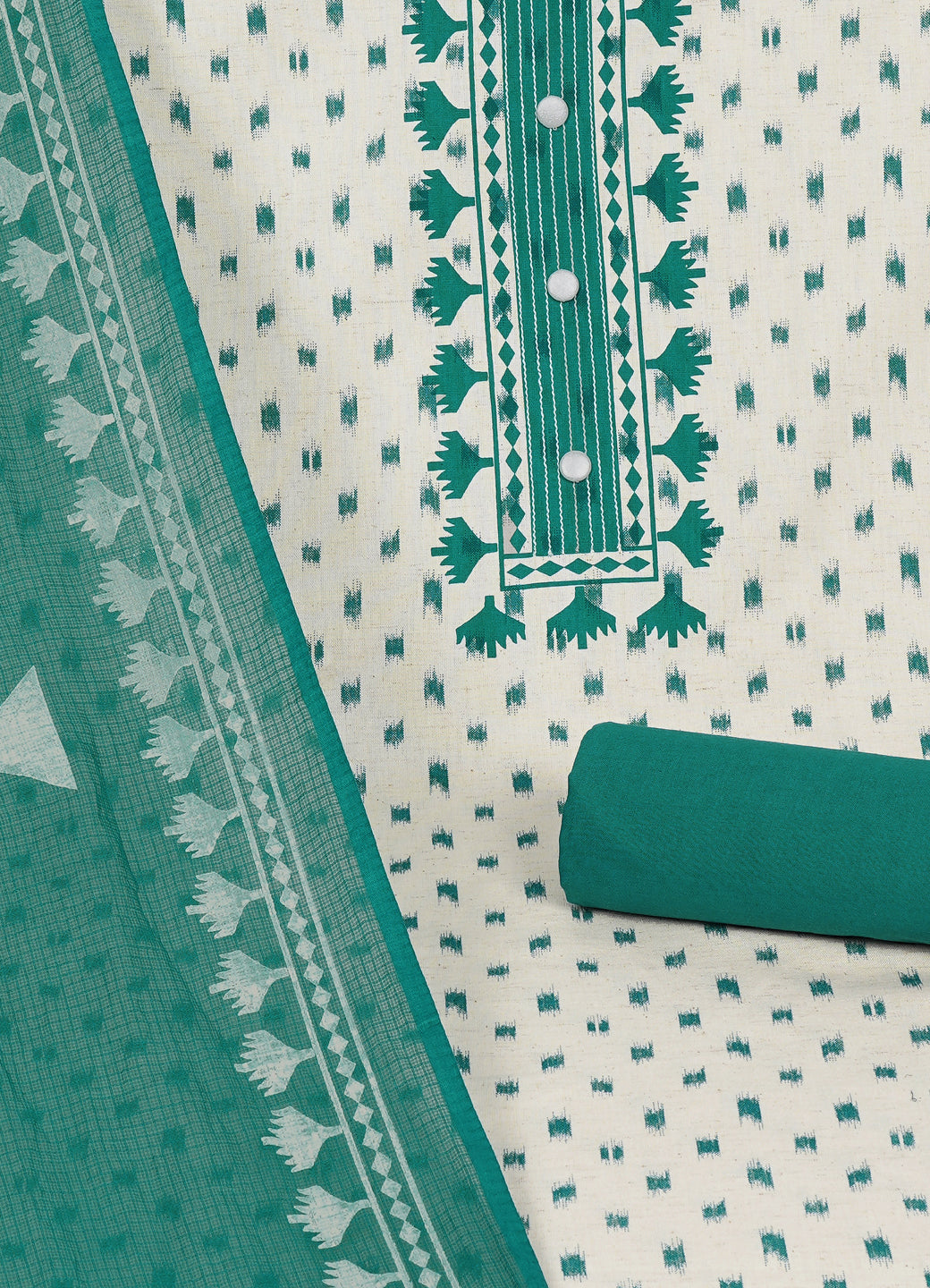 Printed Cotton Flex Unstitched Suit Set with Block Print Yoke & Hand Printed Dupatta Material.(Green)