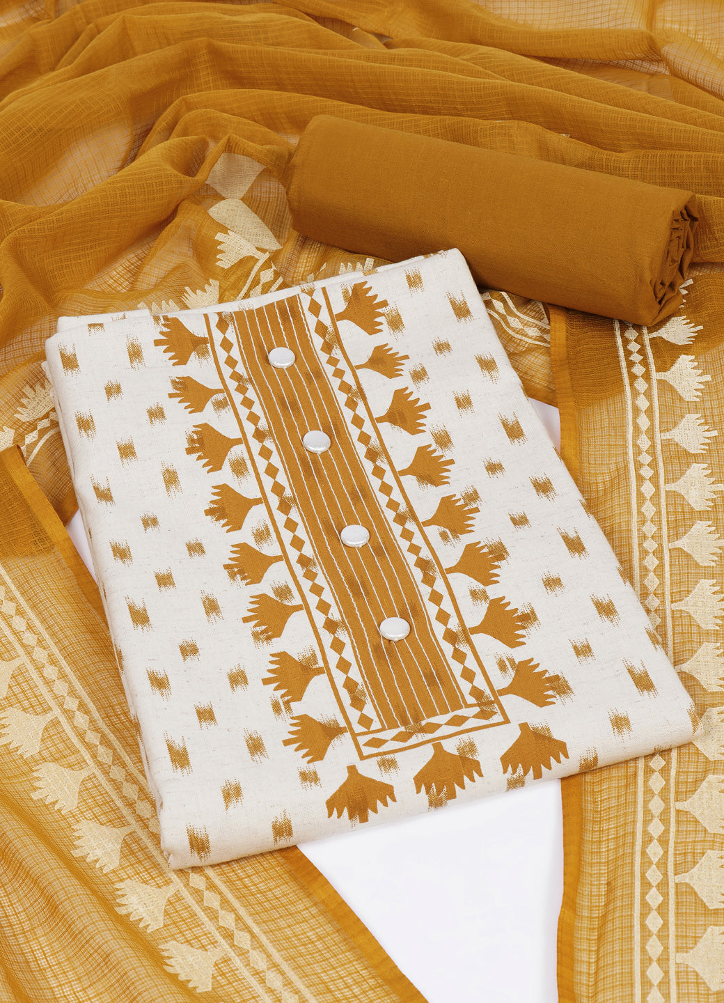 Printed Cotton Flex Unstitched Suit Set with Block Print Yoke & Hand Printed Dupatta Material.(Mustard)