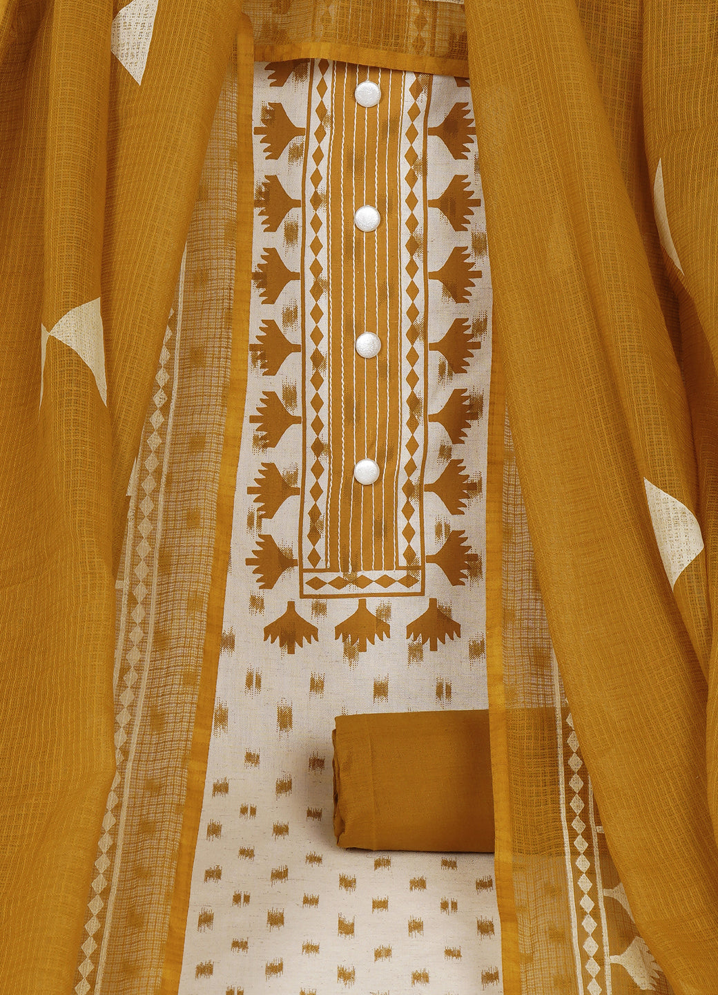 Printed Cotton Flex Unstitched Suit Set with Block Print Yoke & Hand Printed Dupatta Material.(Mustard)