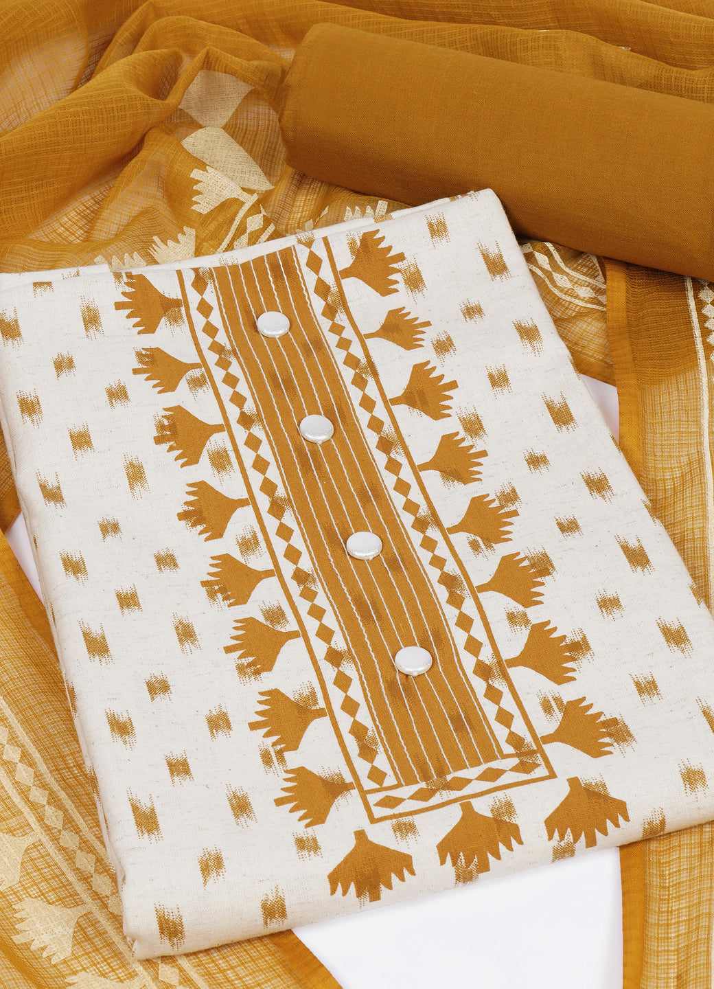 Printed Cotton Flex Unstitched Suit Set with Block Print Yoke & Hand Printed Dupatta Material.(Mustard)