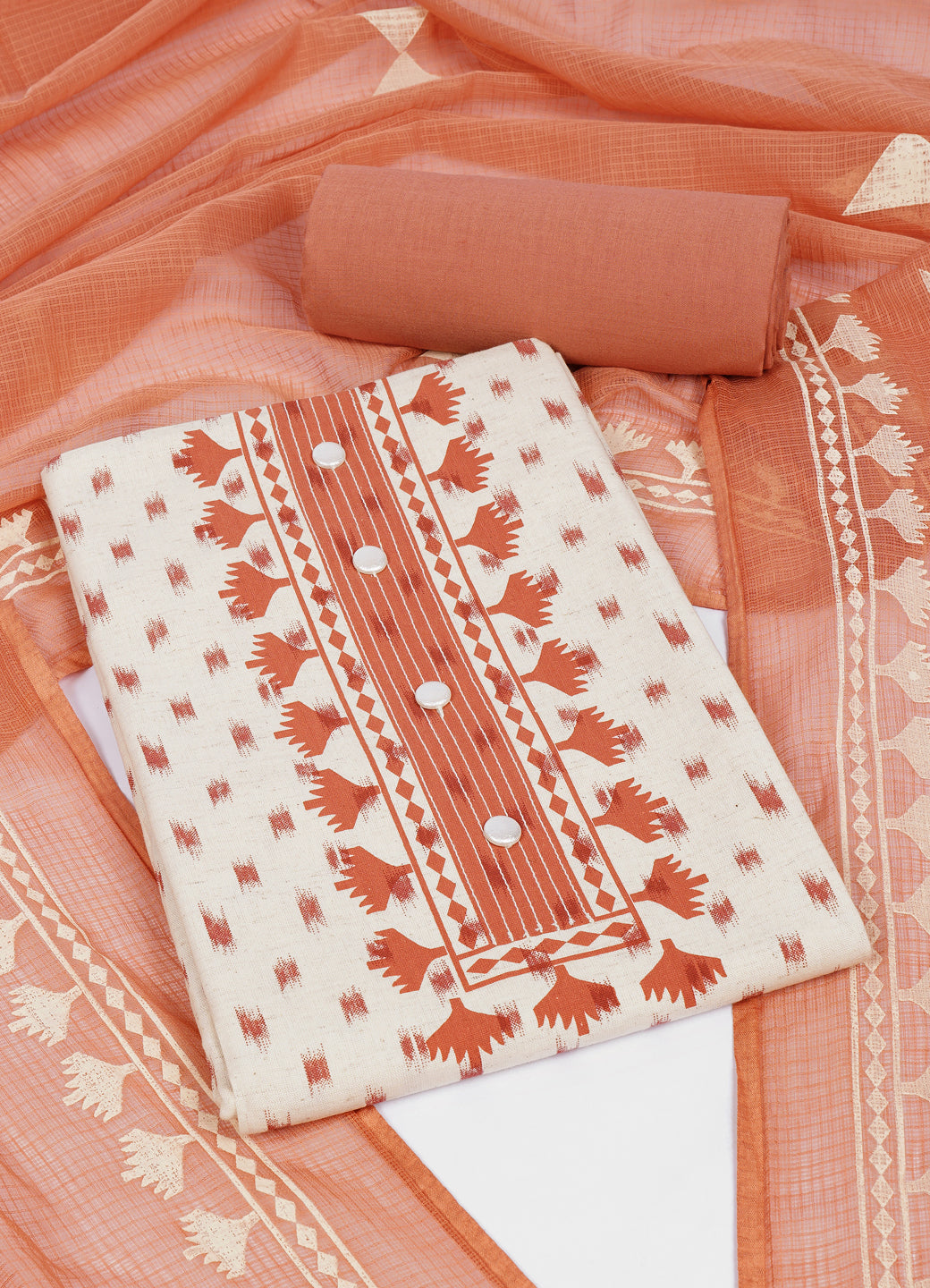 Printed Cotton Flex Unstitched Suit Set with Block Print Yoke & Hand Printed Dupatta Material.(Peach)