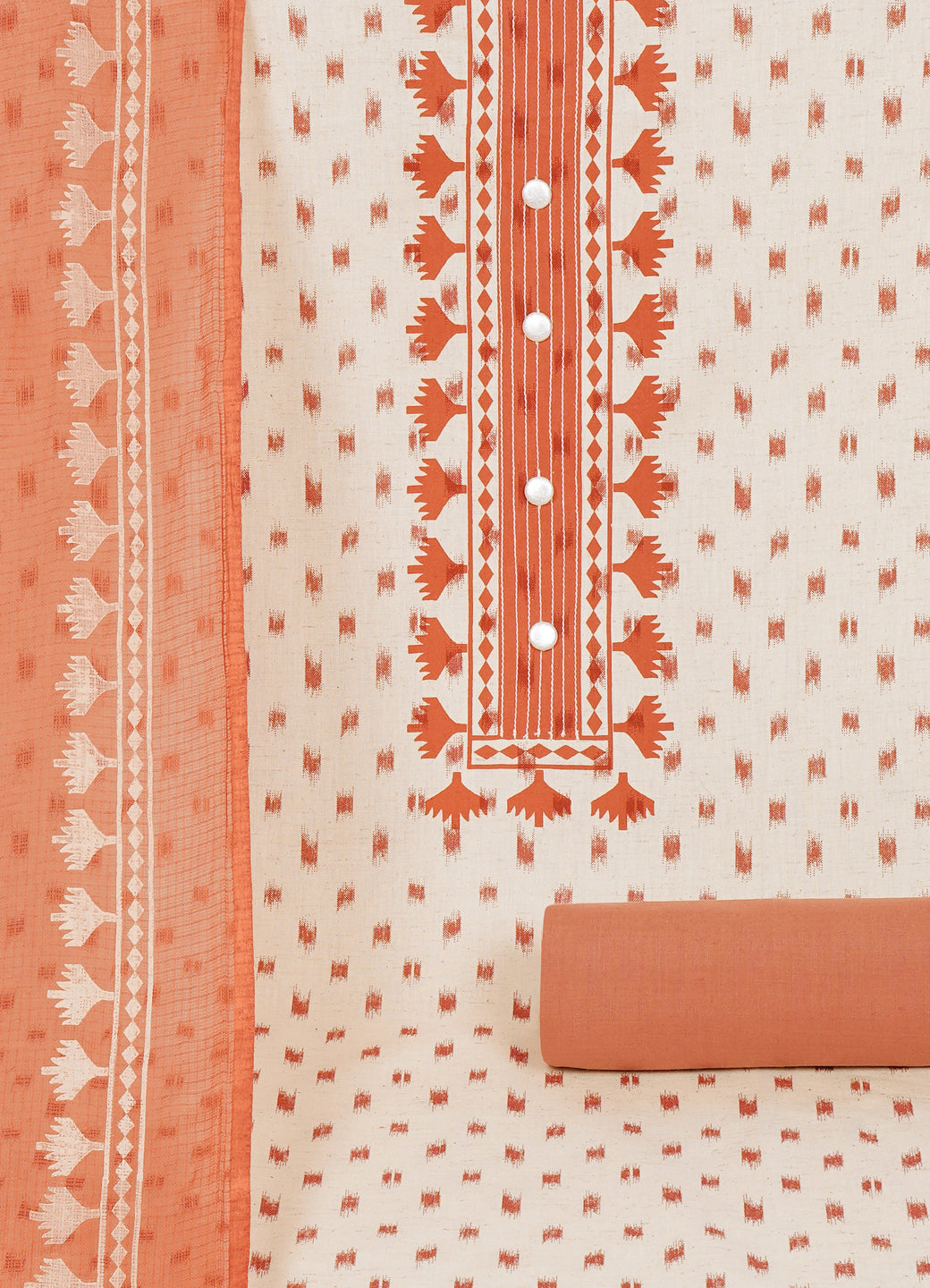 Printed Cotton Flex Unstitched Suit Set with Block Print Yoke & Hand Printed Dupatta Material.(Peach)