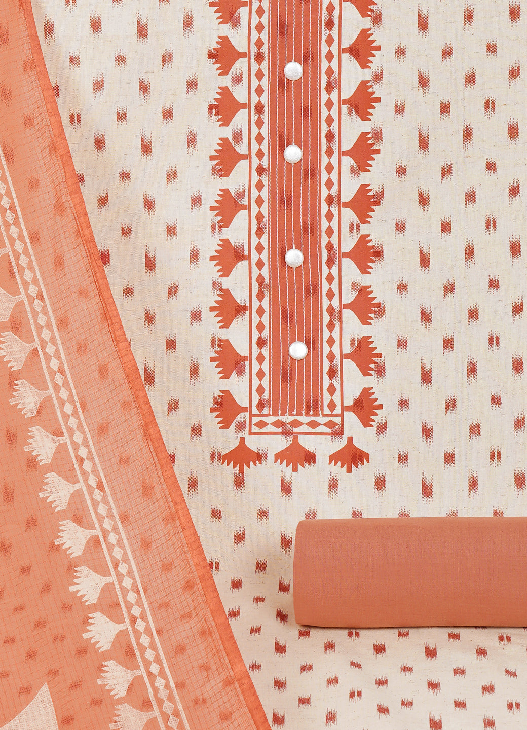 Printed Cotton Flex Unstitched Suit Set with Block Print Yoke & Hand Printed Dupatta Material.(Peach)