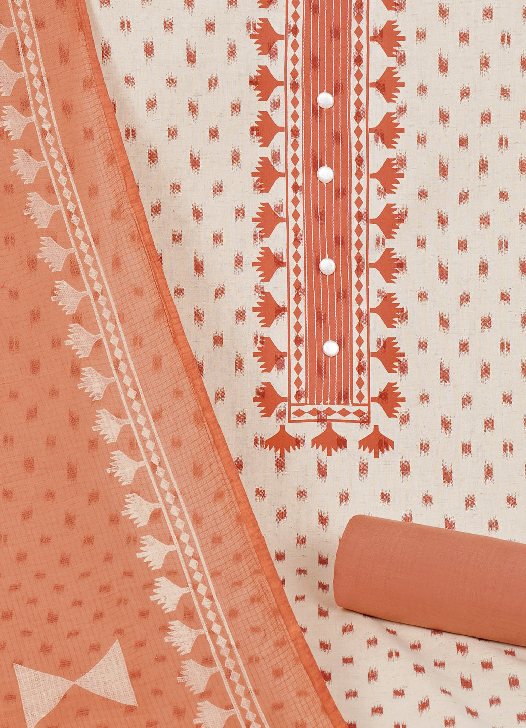 Printed Cotton Flex Unstitched Suit Set with Block Print Yoke & Hand Printed Dupatta Material.(Peach)