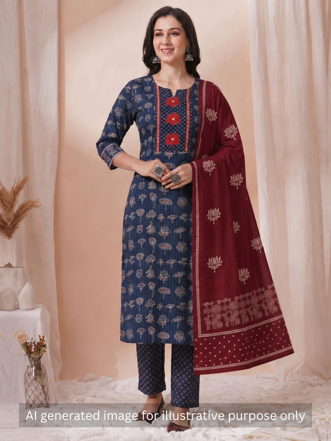 Ready-to-Stitch Cotton embroidered Dress Material Paired with Printed Bottom and printed dupatta.(Blue)