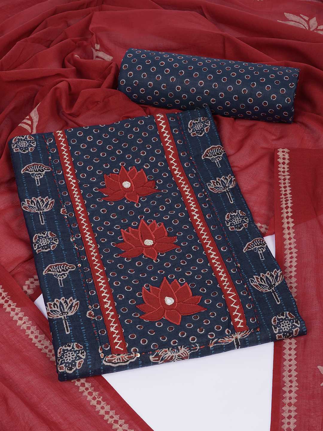 Ready-to-Stitch Cotton embroidered Dress Material Paired with Printed Bottom and printed dupatta.(Blue)