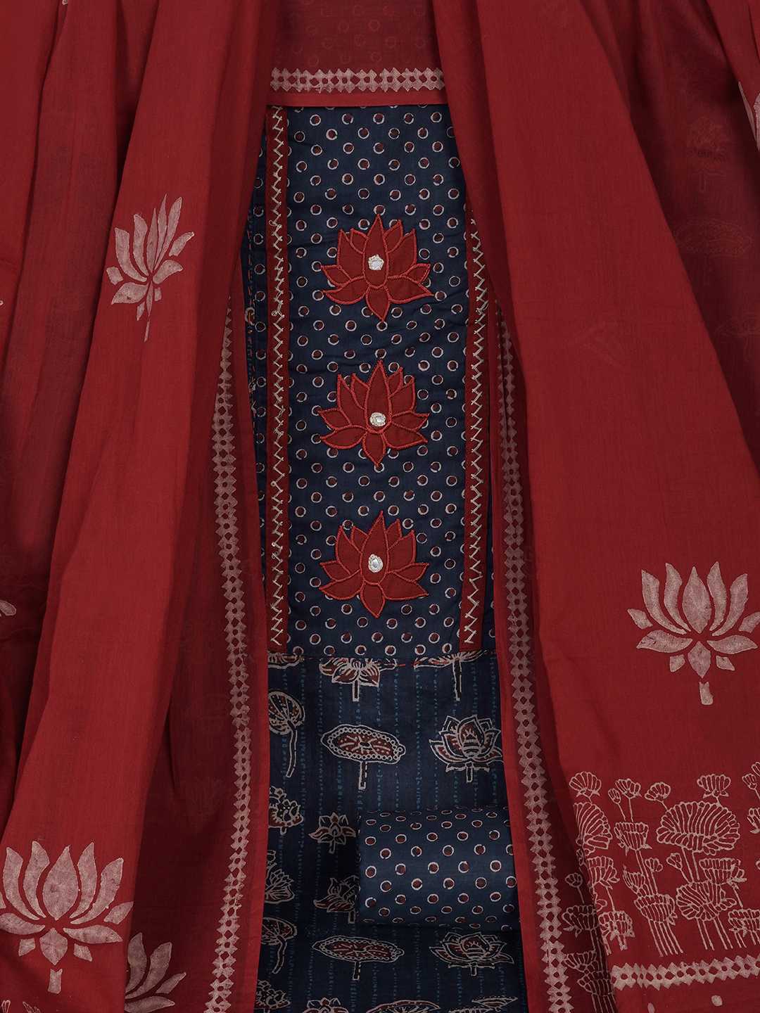 Ready-to-Stitch Cotton embroidered Dress Material Paired with Printed Bottom and printed dupatta.(Blue)