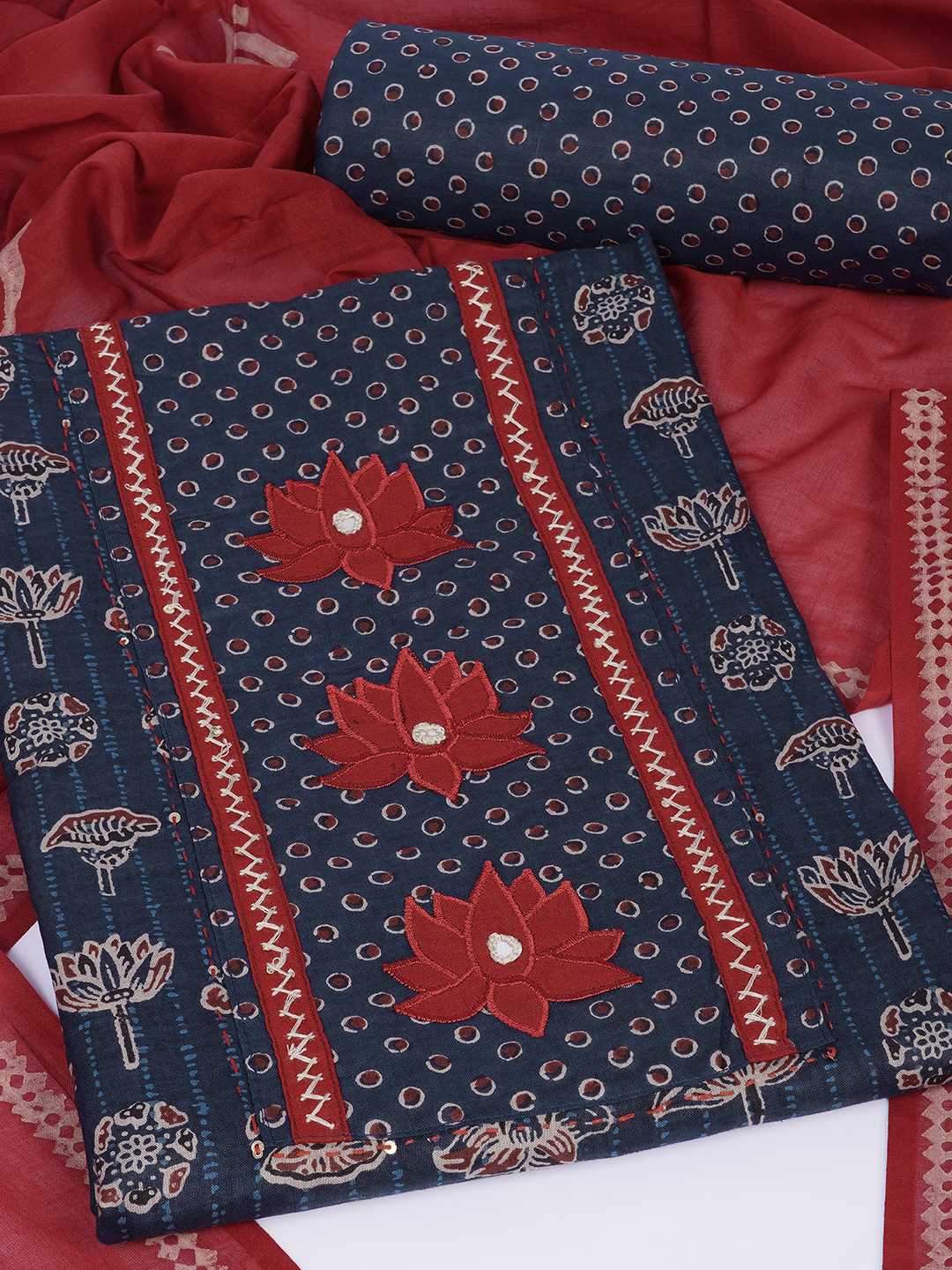 Ready-to-Stitch Cotton embroidered Dress Material Paired with Printed Bottom and printed dupatta.(Blue)