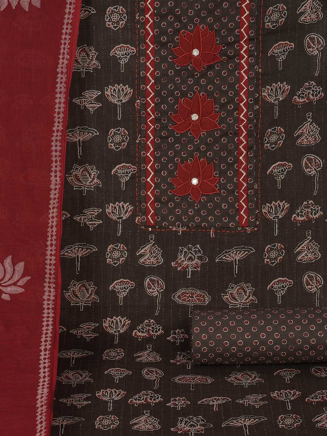 Ready-to-Stitch Cotton embroidered Dress Material Paired with Printed Bottom and printed dupatta.(Brown)