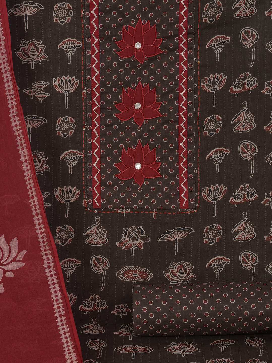 Ready-to-Stitch Cotton embroidered Dress Material Paired with Printed Bottom and printed dupatta.(Brown)