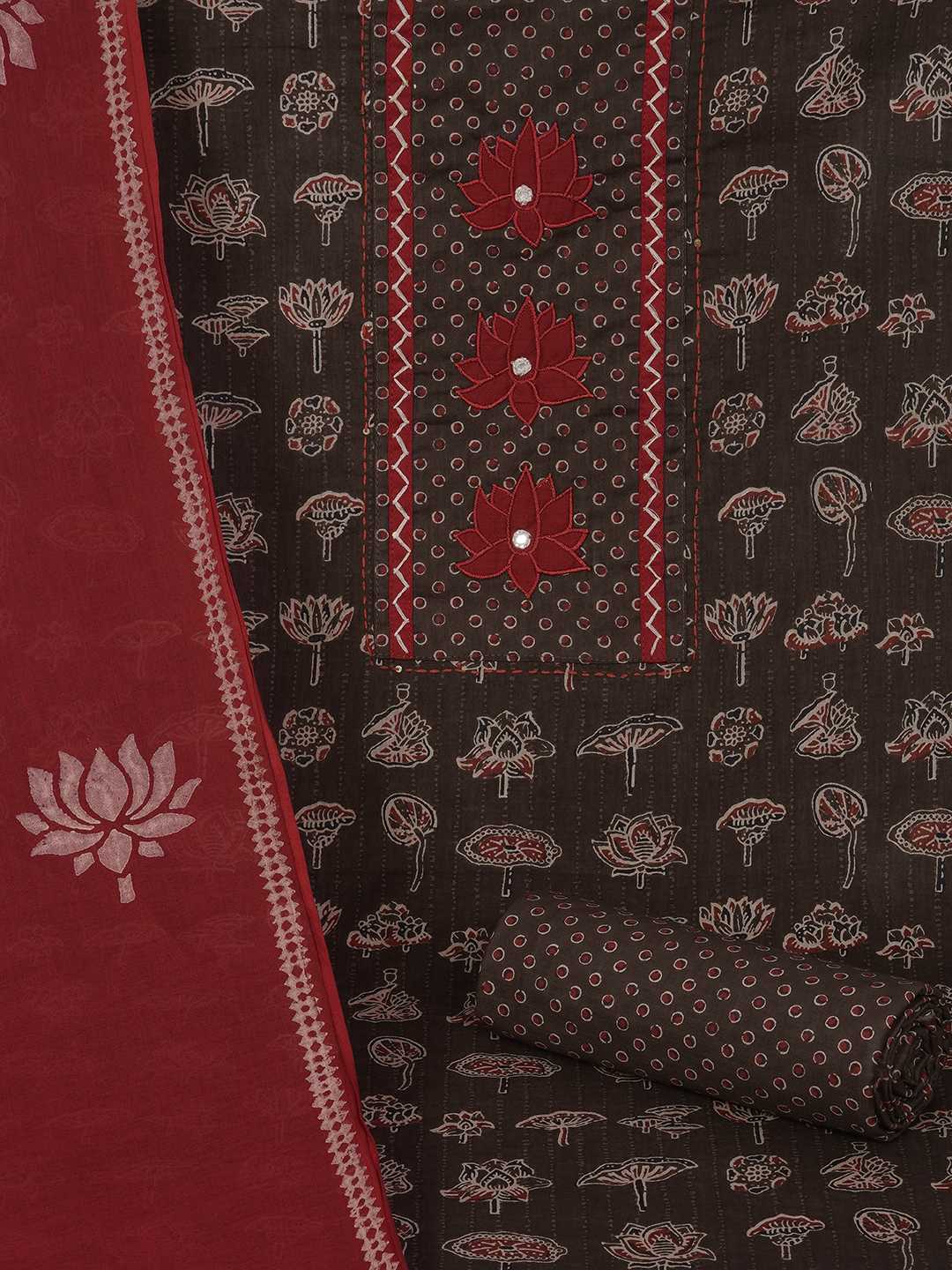 Ready-to-Stitch Cotton embroidered Dress Material Paired with Printed Bottom and printed dupatta.(Brown)