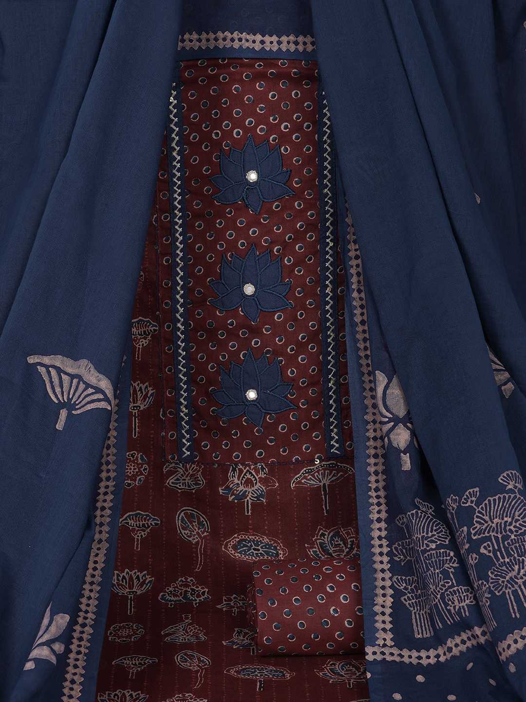 Ready-to-Stitch Cotton embroidered Dress Material Paired with Printed Bottom and printed dupatta.(Maroon)