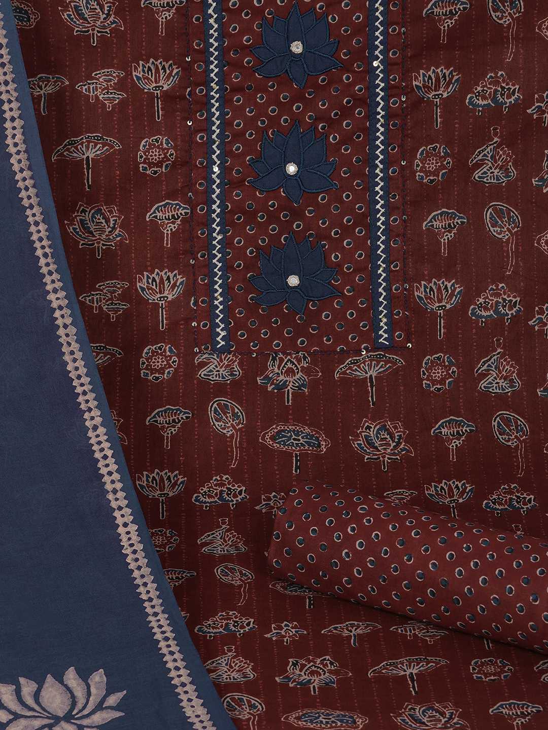 Ready-to-Stitch Cotton embroidered Dress Material Paired with Printed Bottom and printed dupatta.(Maroon)