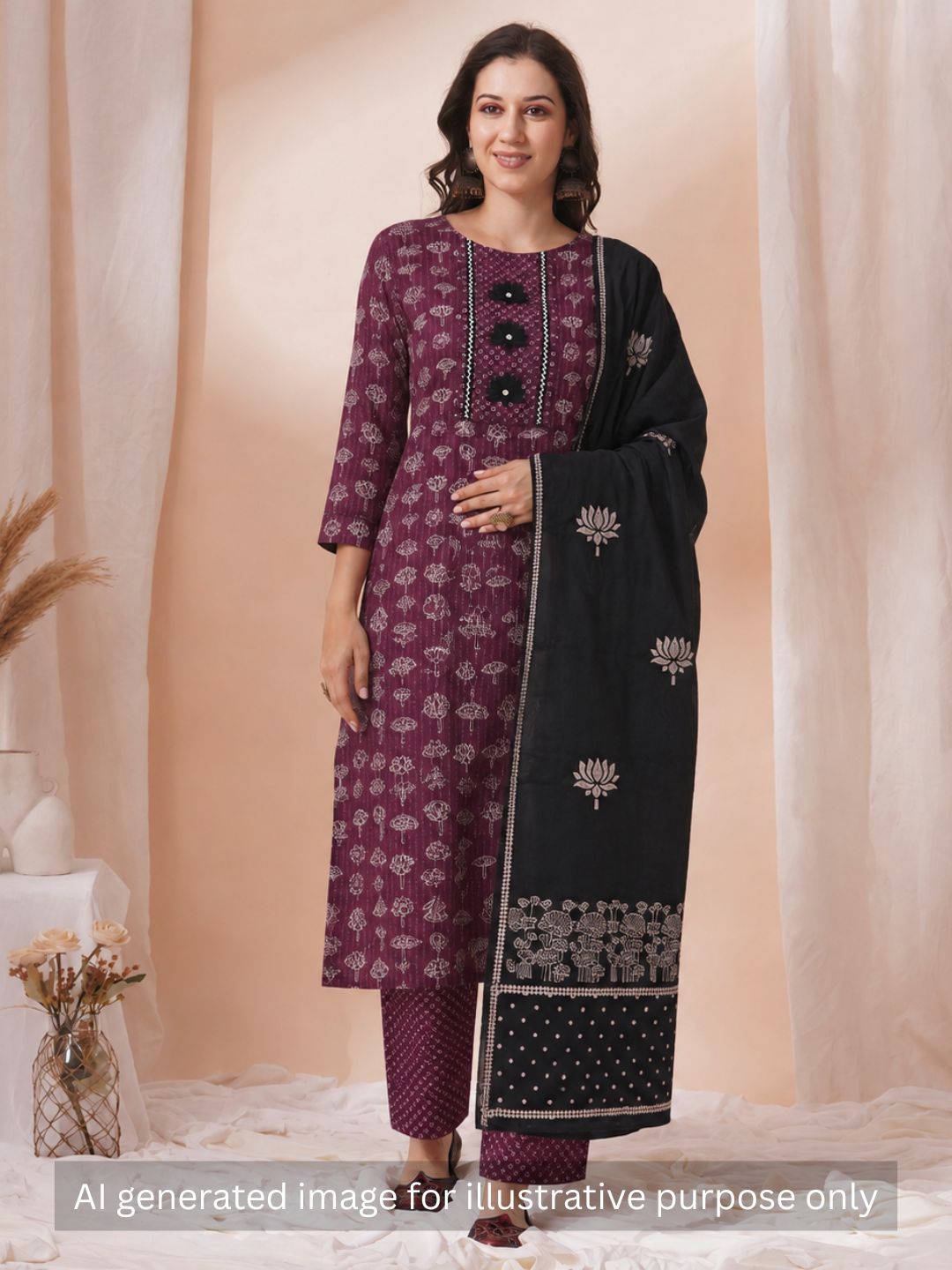 Ready-to-Stitch Cotton embroidered Dress Material Paired with Printed Bottom and printed dupatta.(Wine)