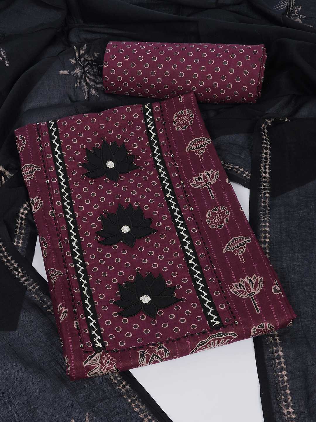 Ready-to-Stitch Cotton embroidered Dress Material Paired with Printed Bottom and printed dupatta.(Wine)