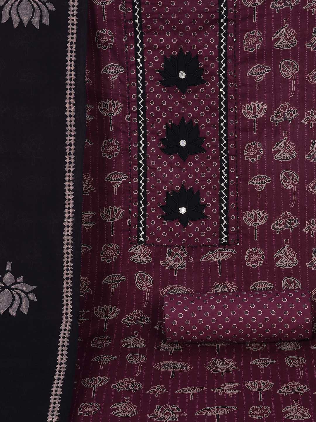 Ready-to-Stitch Cotton embroidered Dress Material Paired with Printed Bottom and printed dupatta.(Wine)
