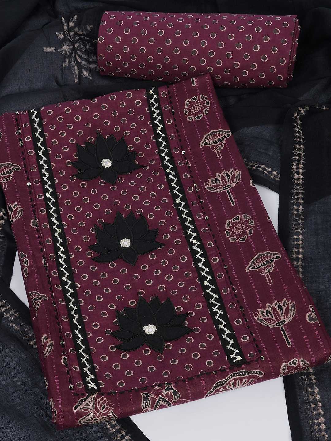 Ready-to-Stitch Cotton embroidered Dress Material Paired with Printed Bottom and printed dupatta.(Wine)